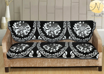 Nendle Floral Design Chenille 5 Seater Sofa Covers Set (Black, Set of 6 Pieces)